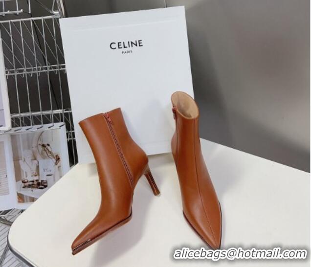 Shop Duplicate Celine Pointed Calfskin Heel Ankle Boots 8cm with Metal-Tone Trim Brown 901129