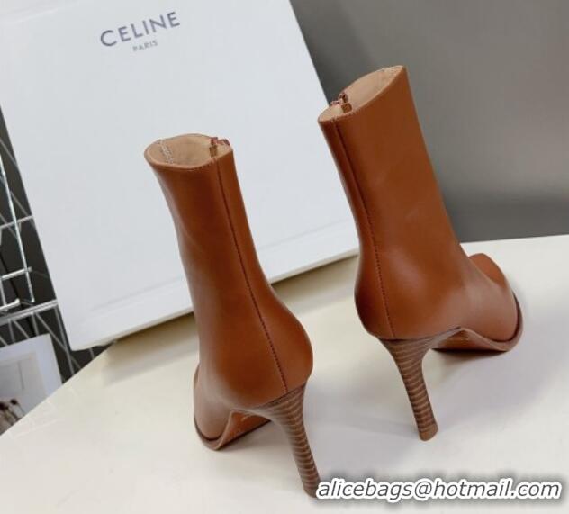 Shop Duplicate Celine Pointed Calfskin Heel Ankle Boots 8cm with Metal-Tone Trim Brown 901129