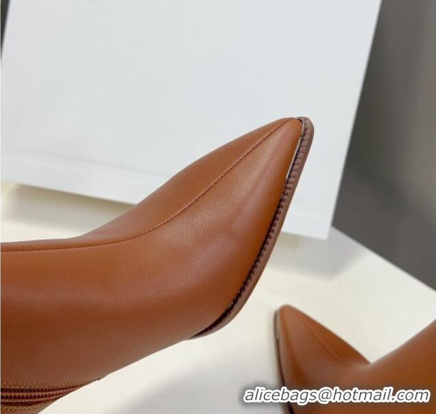 Shop Duplicate Celine Pointed Calfskin Heel Ankle Boots 8cm with Metal-Tone Trim Brown 901129