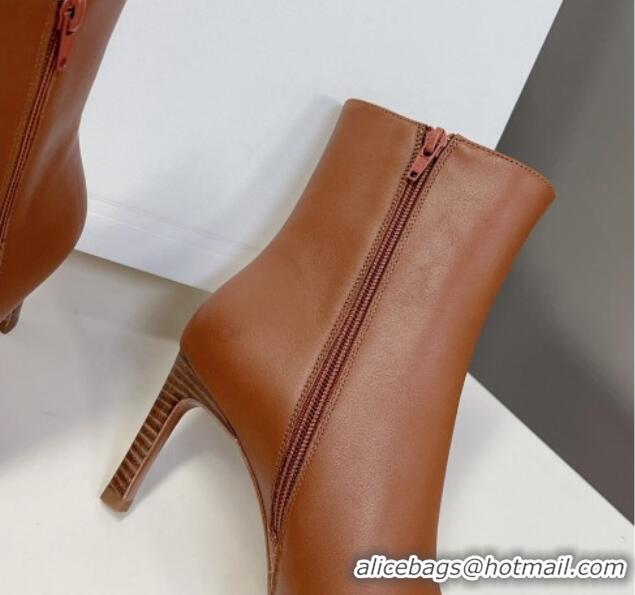 Shop Duplicate Celine Pointed Calfskin Heel Ankle Boots 8cm with Metal-Tone Trim Brown 901129