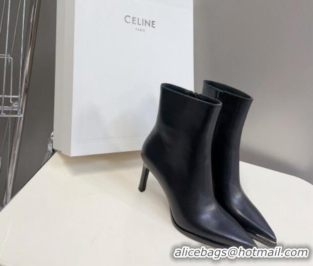 Trendy Design Celine Pointed Shiny Calfskin Heel Ankle Boots 8cm with Metal-Tone Trim Black 901130