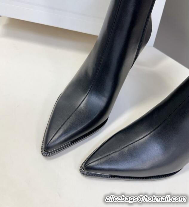 Trendy Design Celine Pointed Shiny Calfskin Heel Ankle Boots 8cm with Metal-Tone Trim Black 901130