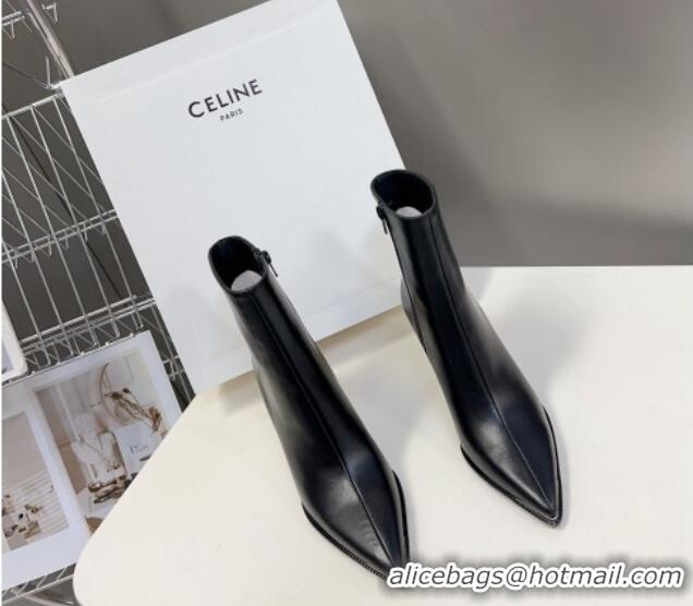 Trendy Design Celine Pointed Shiny Calfskin Heel Ankle Boots 8cm with Metal-Tone Trim Black 901130