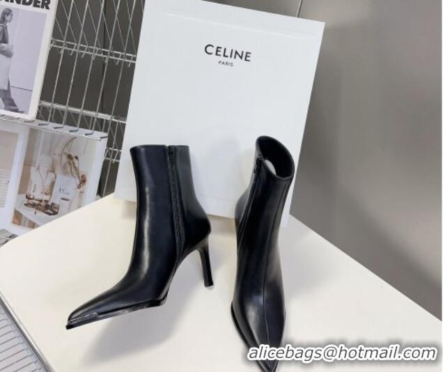 Trendy Design Celine Pointed Shiny Calfskin Heel Ankle Boots 8cm with Metal-Tone Trim Black 901130