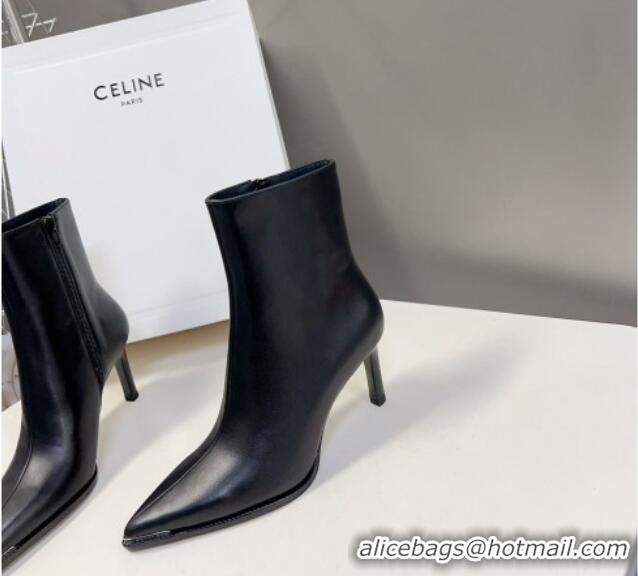 Trendy Design Celine Pointed Shiny Calfskin Heel Ankle Boots 8cm with Metal-Tone Trim Black 901130