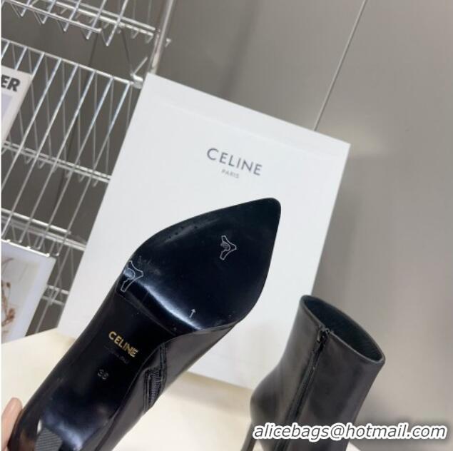 Trendy Design Celine Pointed Shiny Calfskin Heel Ankle Boots 8cm with Metal-Tone Trim Black 901130