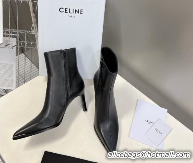 Popular Style Celine Pointed Calfskin Leather Heel Ankle Boots 8cm with Metal-Tone Trim Black 901131