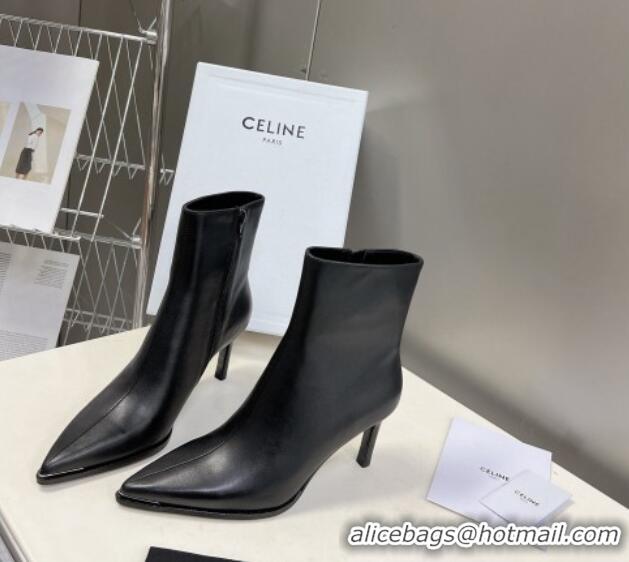 Popular Style Celine Pointed Calfskin Leather Heel Ankle Boots 8cm with Metal-Tone Trim Black 901131