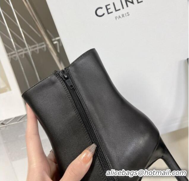 Popular Style Celine Pointed Calfskin Leather Heel Ankle Boots 8cm with Metal-Tone Trim Black 901131