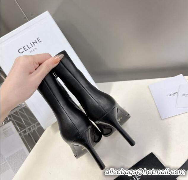 Popular Style Celine Pointed Calfskin Leather Heel Ankle Boots 8cm with Metal-Tone Trim Black 901131