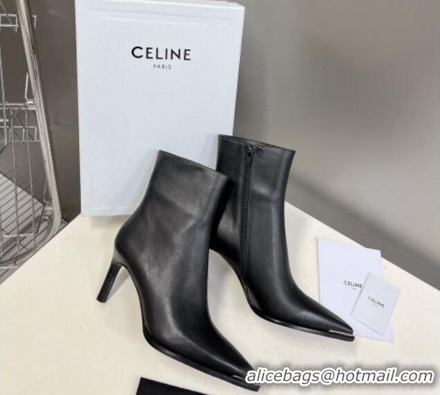 Popular Style Celine Pointed Calfskin Leather Heel Ankle Boots 8cm with Metal-Tone Trim Black 901131