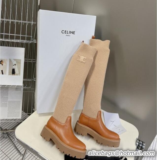 Top Design Celine Knee-High Boots in Knit and Calfskin Brown 902001