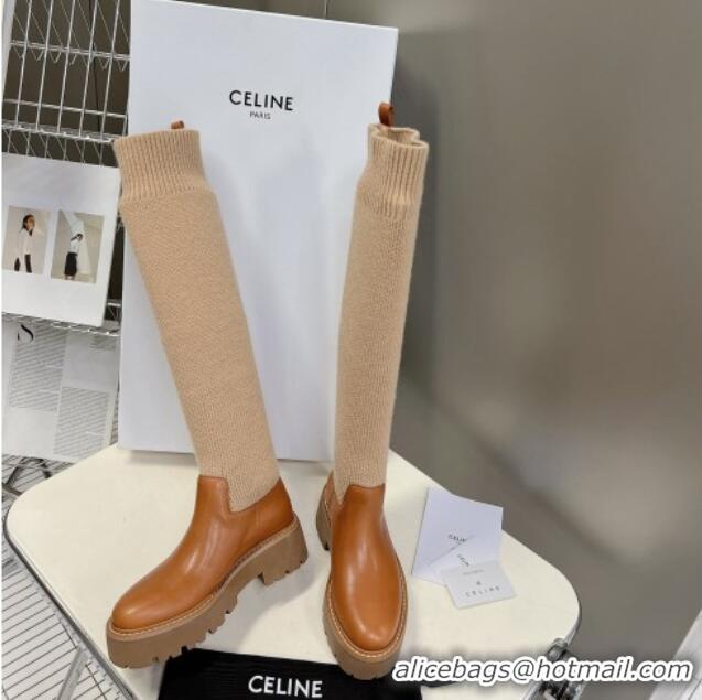 Top Design Celine Knee-High Boots in Knit and Calfskin Brown 902001