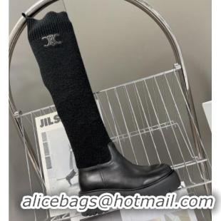 Cheap Price Celine Knee-High Boots in Knit and Calfskin Black 902002