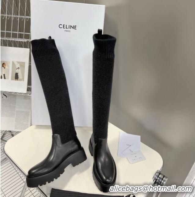 Cheap Price Celine Knee-High Boots in Knit and Calfskin Black 902002