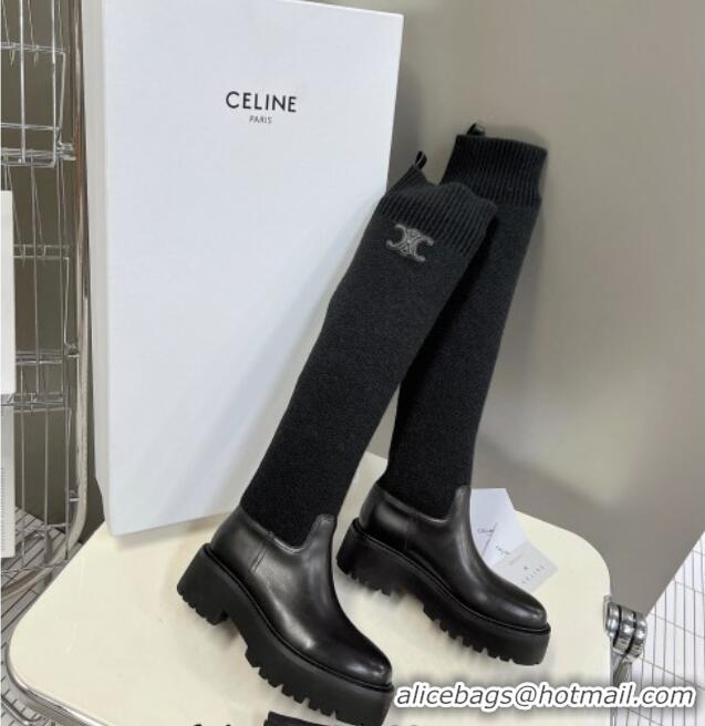 Cheap Price Celine Knee-High Boots in Knit and Calfskin Black 902002