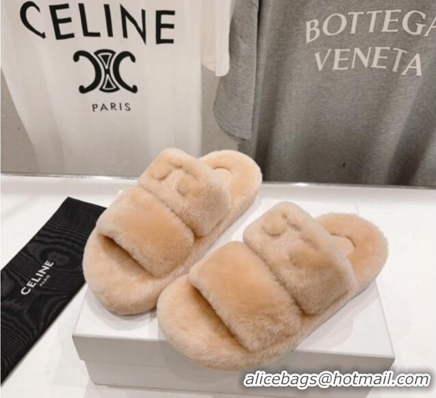 Discount Celine Triomphe Wool Flat Slide Sandals Nude 904109