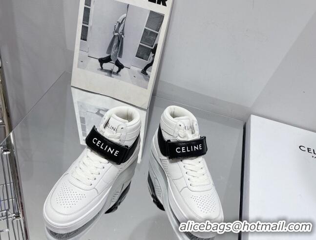 Best Product Celine CT-03 Trainer High Top Sneakers with Velcro Strap in Calfskin White/Black 916020