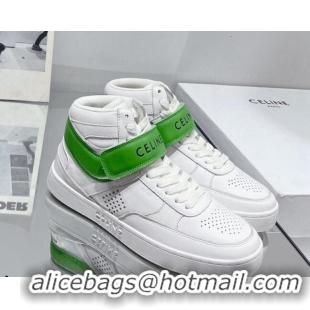 Comfortable Celine CT-03 Trainer High Top Sneakers with Velcro Strap in Calfskin White/Green 916021