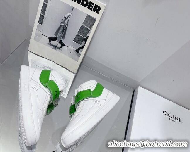 Comfortable Celine CT-03 Trainer High Top Sneakers with Velcro Strap in Calfskin White/Green 916021