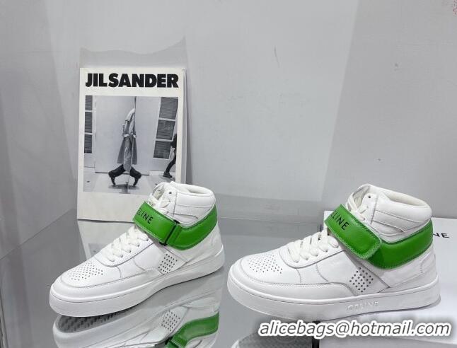 Comfortable Celine CT-03 Trainer High Top Sneakers with Velcro Strap in Calfskin White/Green 916021