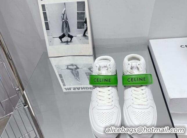 Comfortable Celine CT-03 Trainer High Top Sneakers with Velcro Strap in Calfskin White/Green 916021