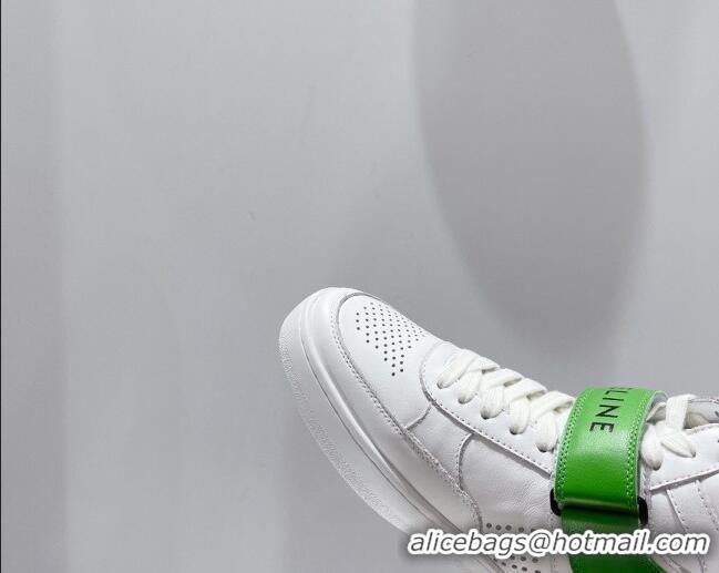 Comfortable Celine CT-03 Trainer High Top Sneakers with Velcro Strap in Calfskin White/Green 916021