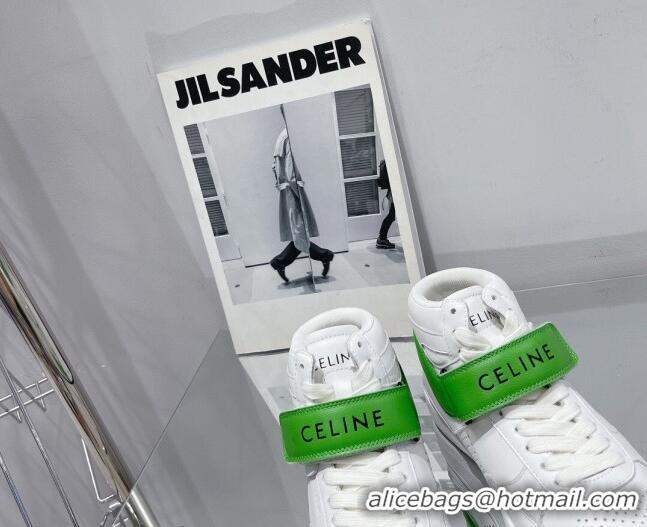 Comfortable Celine CT-03 Trainer High Top Sneakers with Velcro Strap in Calfskin White/Green 916021