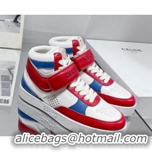 Good Looking Celine CT-03 Trainer High Top Sneakers with Velcro Strap in Calfskin White/Red/Blue 916022