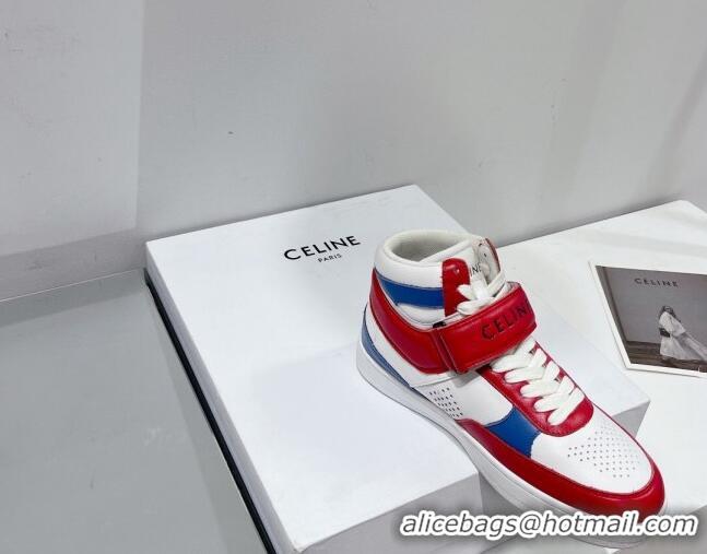 Good Looking Celine CT-03 Trainer High Top Sneakers with Velcro Strap in Calfskin White/Red/Blue 916022