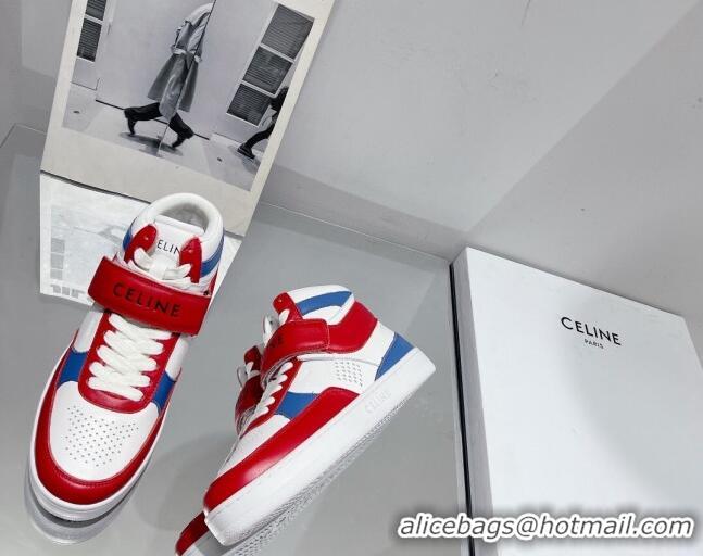 Good Looking Celine CT-03 Trainer High Top Sneakers with Velcro Strap in Calfskin White/Red/Blue 916022