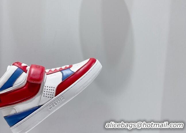 Good Looking Celine CT-03 Trainer High Top Sneakers with Velcro Strap in Calfskin White/Red/Blue 916022