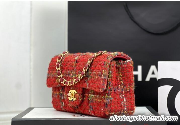 Reasonable Price Chanel CLASSIC HANDBAG Wool Tweed A1116 Red Gold