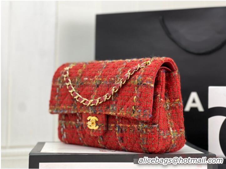 Fashion Discount Chanel CLASSIC HANDBAG Wool Tweed A1112 Red