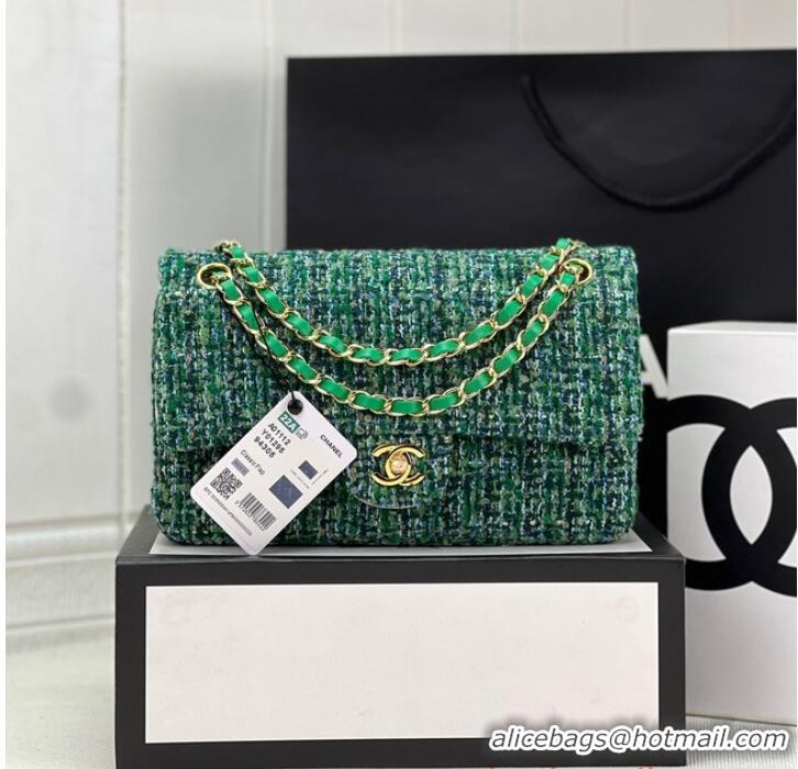 Top Grade Chanel CLASSIC HANDBAG Wool Tweed A1112 Green