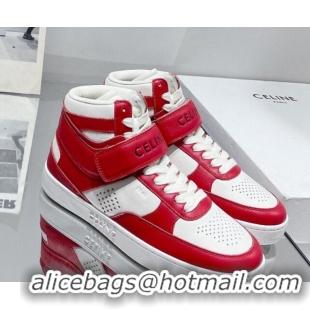 Luxurious Celine CT-03 Trainer High Top Sneakers with Velcro Strap in Calfskin White/Red 916024