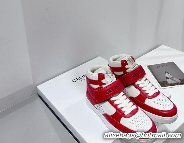 Luxurious Celine CT-03 Trainer High Top Sneakers with Velcro Strap in Calfskin White/Red 916024