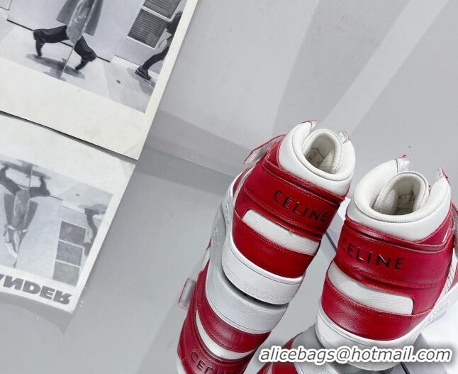 Luxurious Celine CT-03 Trainer High Top Sneakers with Velcro Strap in Calfskin White/Red 916024