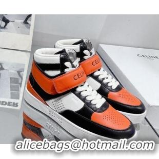 Shop Celine CT-03 Trainer High Top Sneakers with Velcro Strap in Calfskin Black/White/Orange 0916025