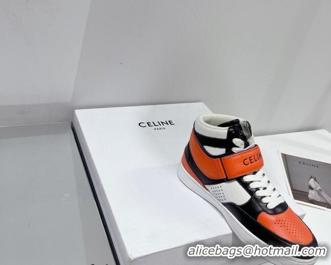 Shop Celine CT-03 Trainer High Top Sneakers with Velcro Strap in Calfskin Black/White/Orange 0916025