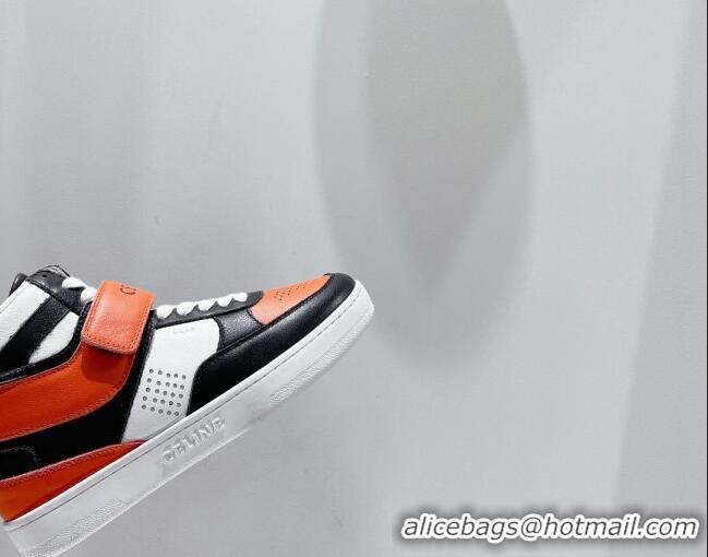 Shop Celine CT-03 Trainer High Top Sneakers with Velcro Strap in Calfskin Black/White/Orange 0916025