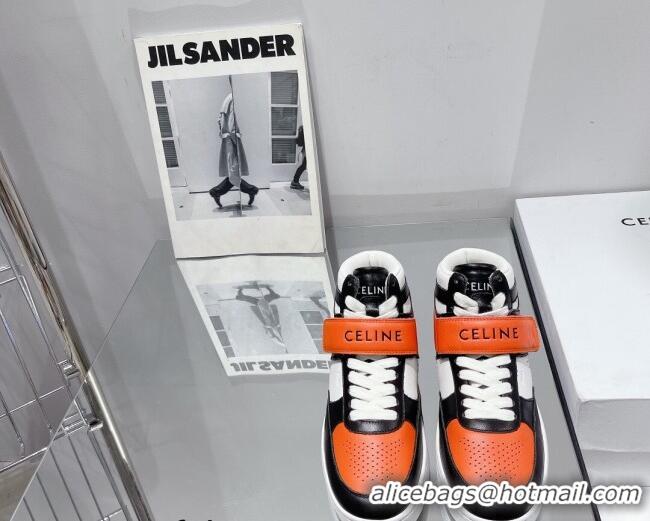 Shop Celine CT-03 Trainer High Top Sneakers with Velcro Strap in Calfskin Black/White/Orange 0916025