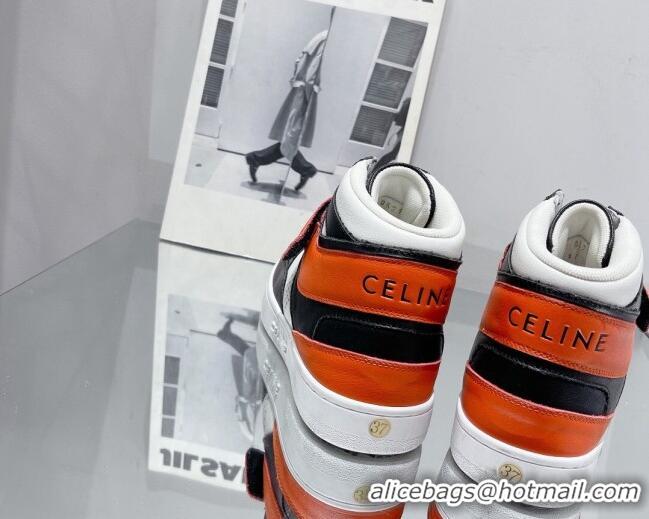 Shop Celine CT-03 Trainer High Top Sneakers with Velcro Strap in Calfskin Black/White/Orange 0916025