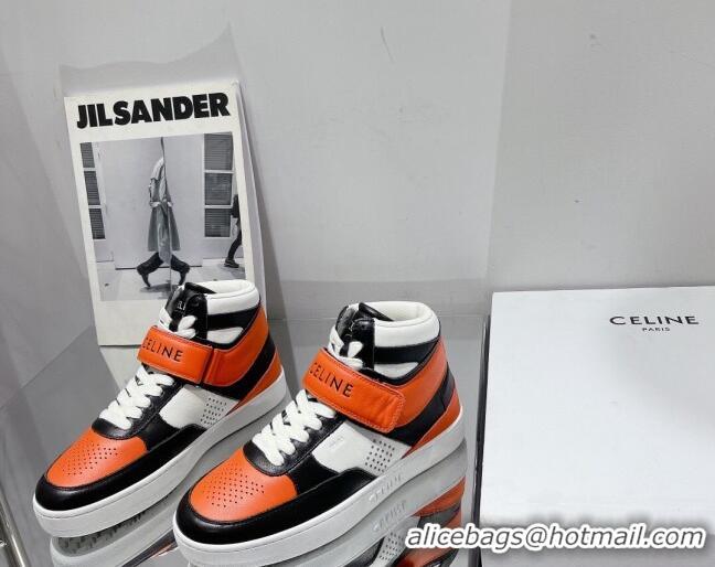 Shop Celine CT-03 Trainer High Top Sneakers with Velcro Strap in Calfskin Black/White/Orange 0916025