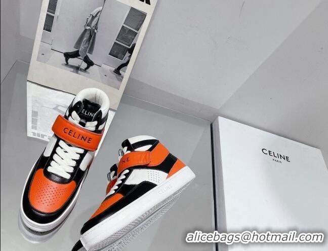 Shop Celine CT-03 Trainer High Top Sneakers with Velcro Strap in Calfskin Black/White/Orange 0916025