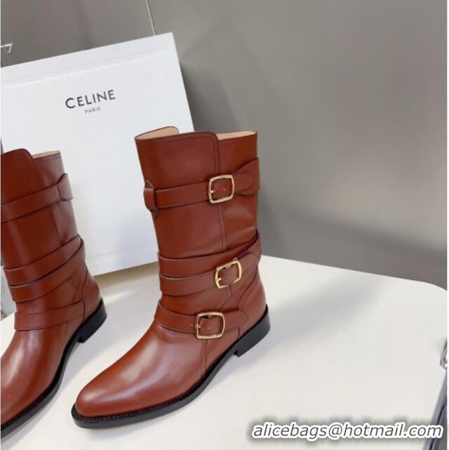 New Style Celine Lyra Ankle Buckles Boots in Calfskin Dark Brown 1016061