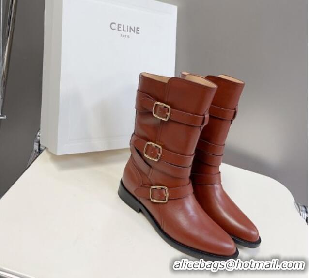 New Style Celine Lyra Ankle Buckles Boots in Calfskin Dark Brown 1016061