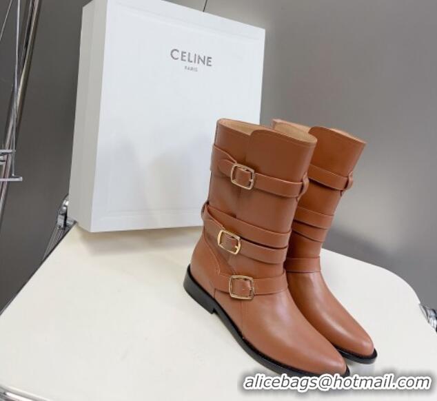 Elegant Celine Lyra Ankle Buckles Boots in Calfskin Light Brown 1016062