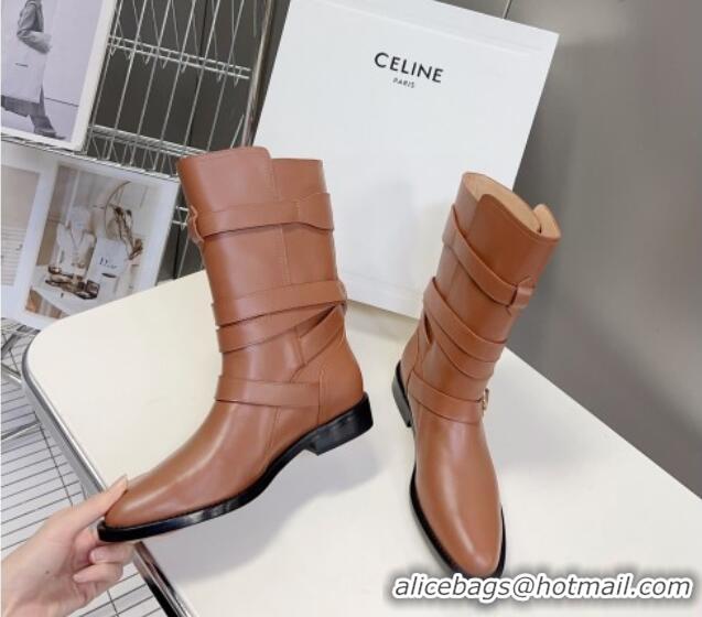 Elegant Celine Lyra Ankle Buckles Boots in Calfskin Light Brown 1016062