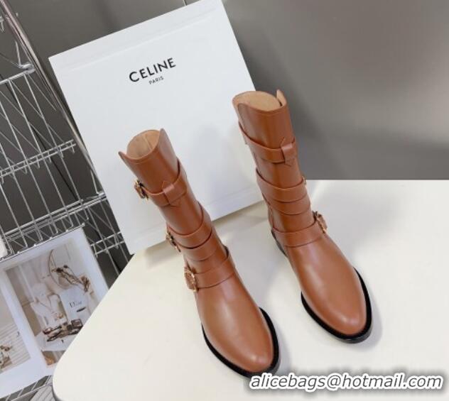 Elegant Celine Lyra Ankle Buckles Boots in Calfskin Light Brown 1016062